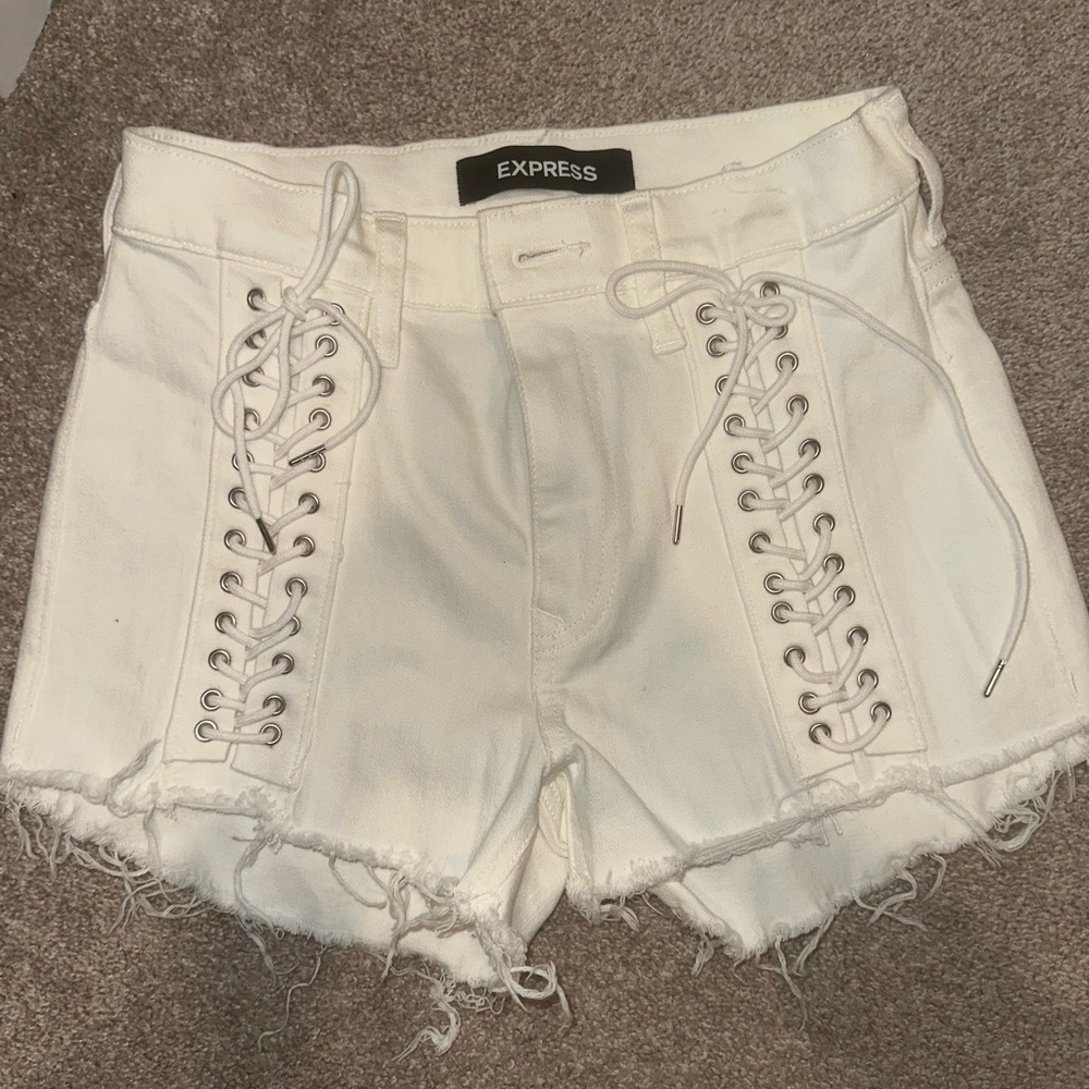 EXPRESS White High Rise Lace Up Denim Shorts